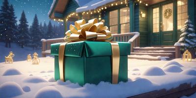 The primary subject of the image is a large, colorful gift box with a bow on top, sitting in the snow. The setting is a snowy environment, with a house visible in the background. The visual style appears to be a digital art or illustration, as the colors and details are vibrant and well-defined. The dominant colors are green and gold, giving the scene a warm and festive atmosphere.